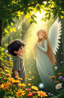 A serene forest scene featuring a boy and a beautiful angel