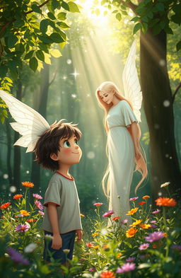 A serene forest scene featuring a boy and a beautiful angel