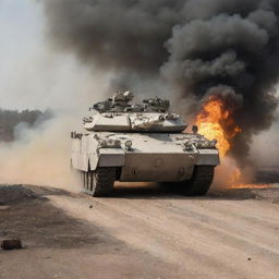 A heavily armored military vehicle in active engagement, cannons recoiling from recent fire, amidst an explosive battlefield enveloped in smoke and chaos.