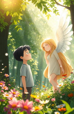 A serene forest scene featuring a boy and a beautiful angel