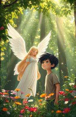 A serene forest scene featuring a boy and a beautiful angel