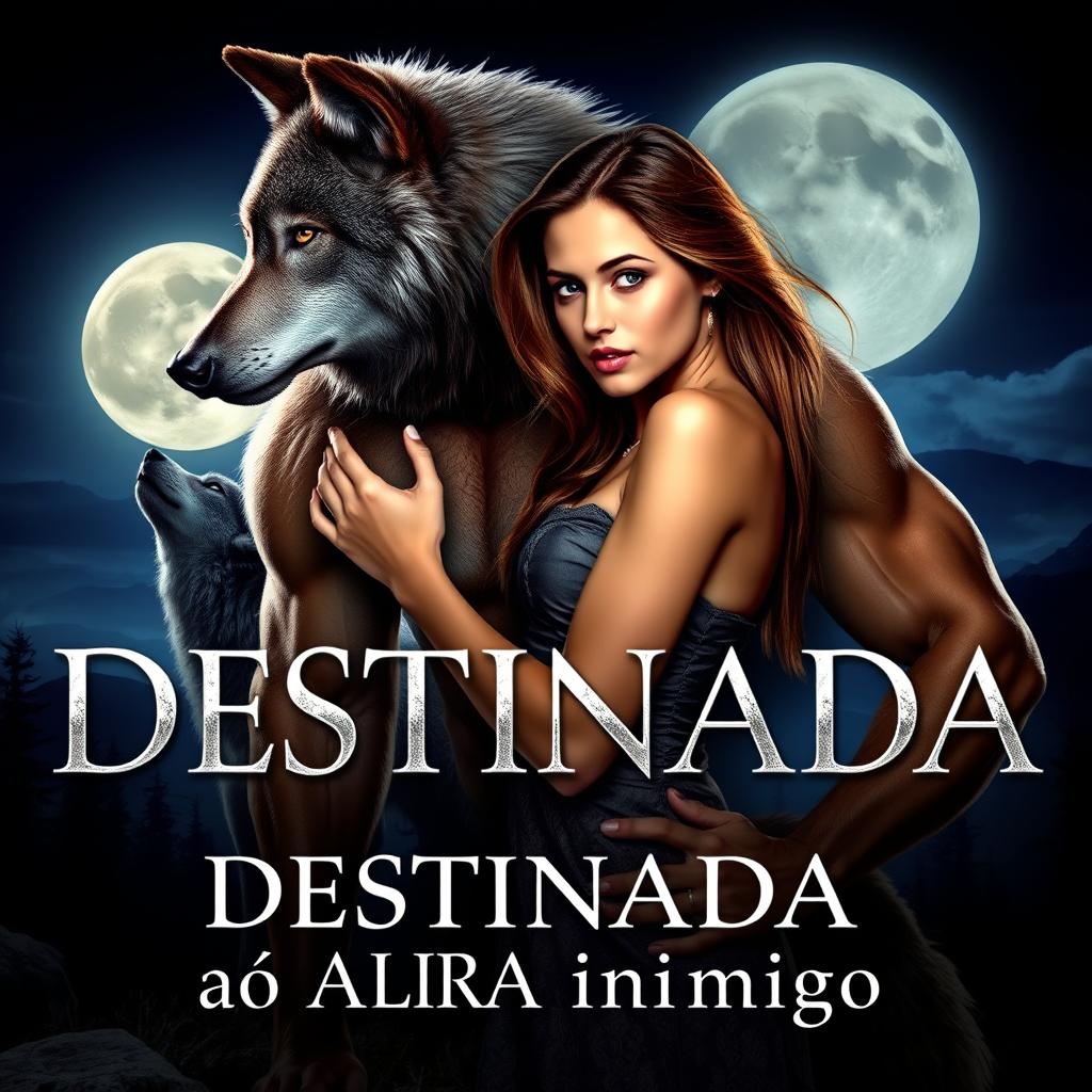 A beautiful 18-year-old young woman in the powerful embrace of a muscular alpha male werewolf, set against a stunning night landscape featuring a full moon illuminating the scene