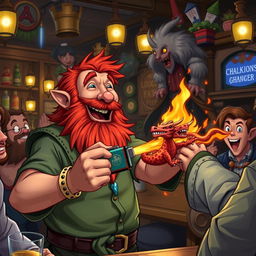 In a lively and colorful pub set in a fantastical Dungeons & Dragons world, a ruddy tan, red-haired male rock gnome with sparkling sapphire-blue eyes and a vibrant red beard is laughing heartily