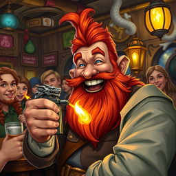 In a lively and colorful pub set in a fantastical Dungeons & Dragons world, a ruddy tan, red-haired male rock gnome with sparkling sapphire-blue eyes and a vibrant red beard is laughing heartily