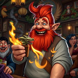 In a lively and colorful pub set in a fantastical Dungeons & Dragons world, a ruddy tan, red-haired male rock gnome with sparkling sapphire-blue eyes and a vibrant red beard is laughing heartily