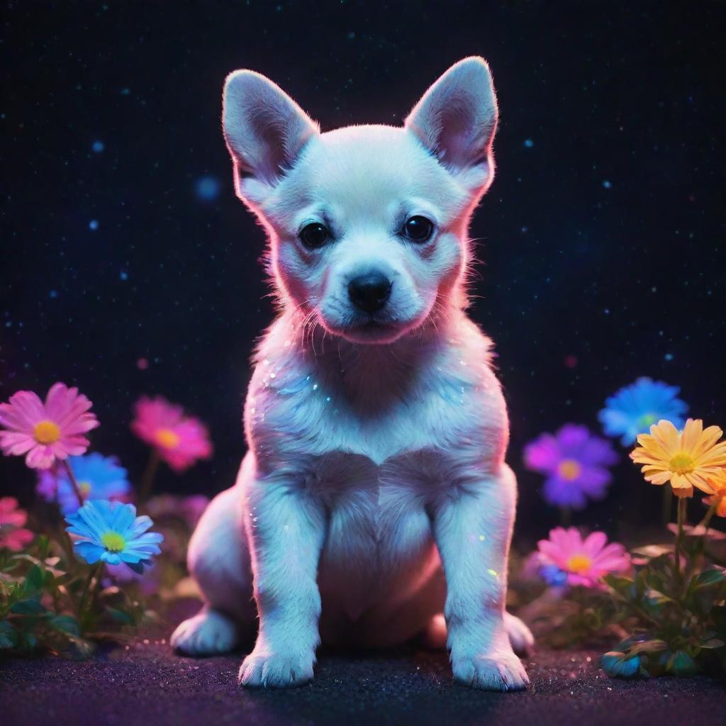 A neon puppy, vivid in brilliant colors, amid a constellation of cosmic flowers. It's surrounded by an aura of white sparkles, all set in a cool, captivating glitch-style aesthetic.