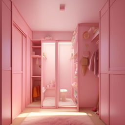 Generate an image of a tasteful 10x12 bedroom suitable for a 14-year-old girl. Include a full sliding door on the north wall, storage and shelf on the east wall, room and toilet doors and a wardrobe on the south wall, and the bed on the west wall. The design should appear mature and not overly childish.