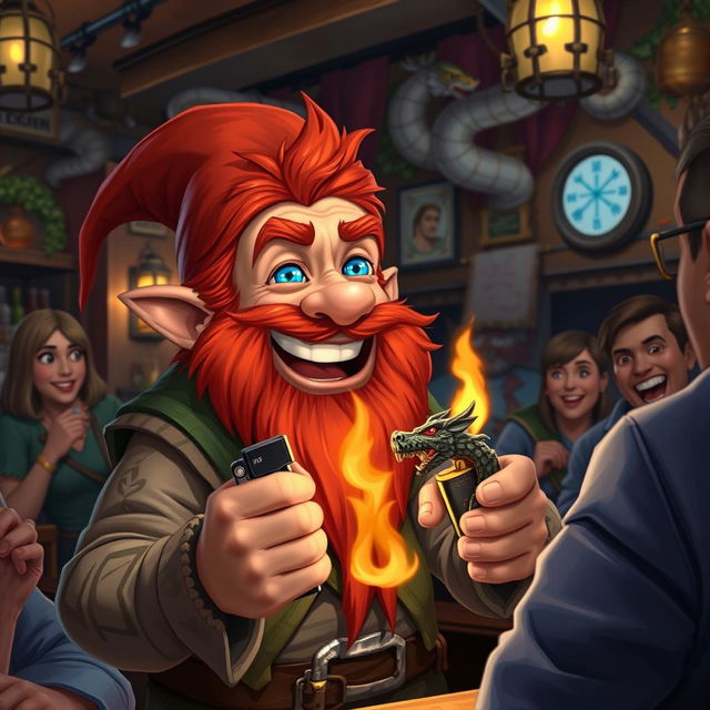 In a lively and colorful pub set in a fantastical Dungeons & Dragons world, a ruddy tan, red-haired male rock gnome with sparkling sapphire-blue eyes and a vibrant red beard is laughing heartily