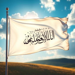 A beautiful and serene scene featuring a large white flag adorned with the Shahada, the Islamic declaration of faith