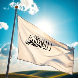 A beautiful and serene scene featuring a large white flag adorned with the Shahada, the Islamic declaration of faith