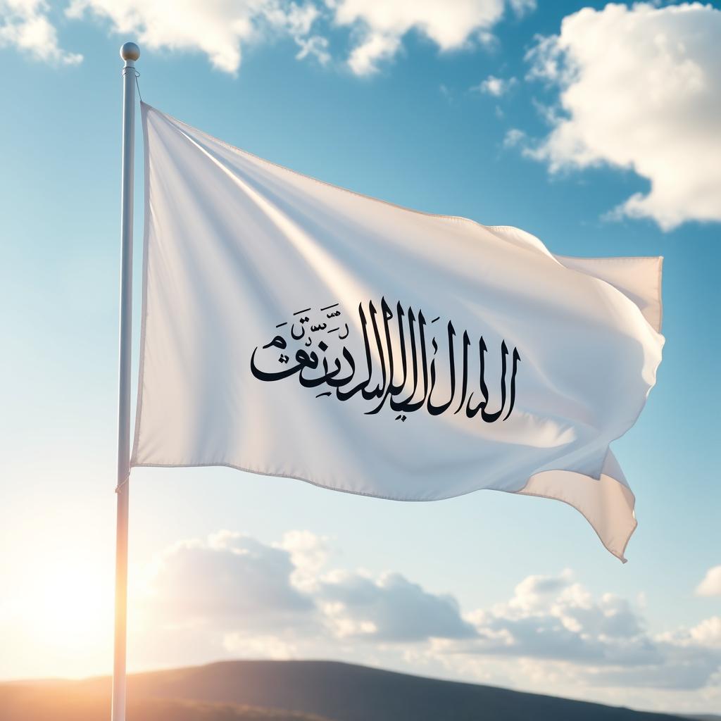 A beautiful and serene scene featuring a large white flag adorned with the Shahada, the Islamic declaration of faith