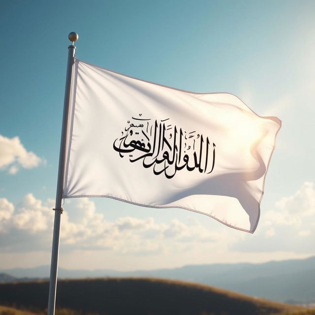 A beautiful and serene scene featuring a large white flag adorned with the Shahada, the Islamic declaration of faith