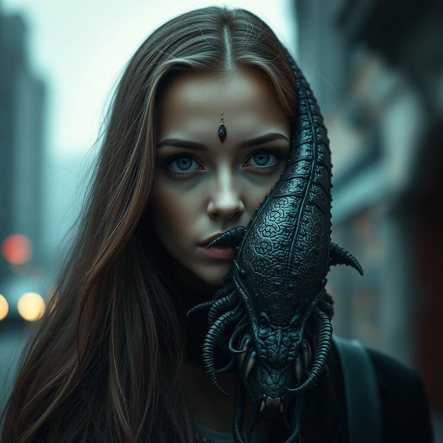 A striking Russian woman with delicate features and long, flowing hair, adorned with a traditional bindi on her forehead