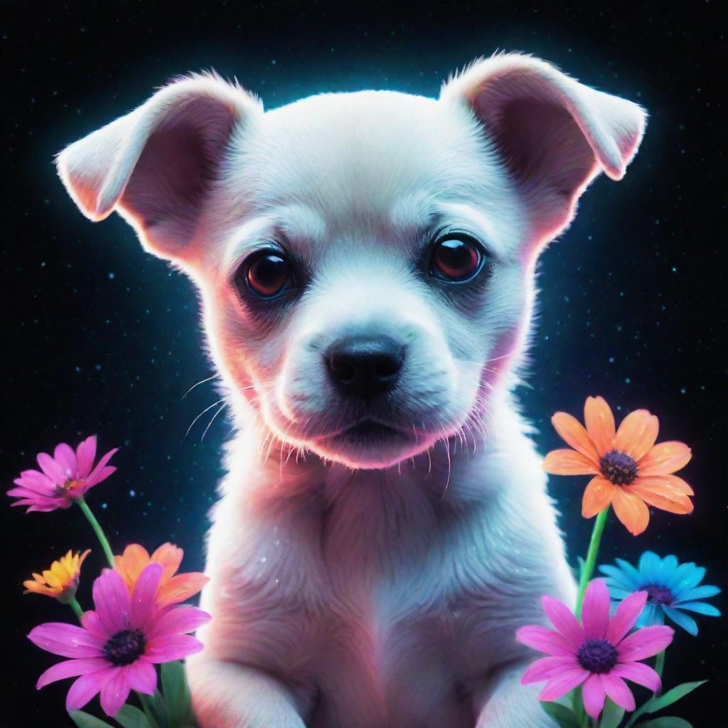 A neon puppy, vivid in brilliant colors, amid a constellation of cosmic flowers. It's surrounded by an aura of white sparkles, all set in a cool, captivating glitch-style aesthetic.