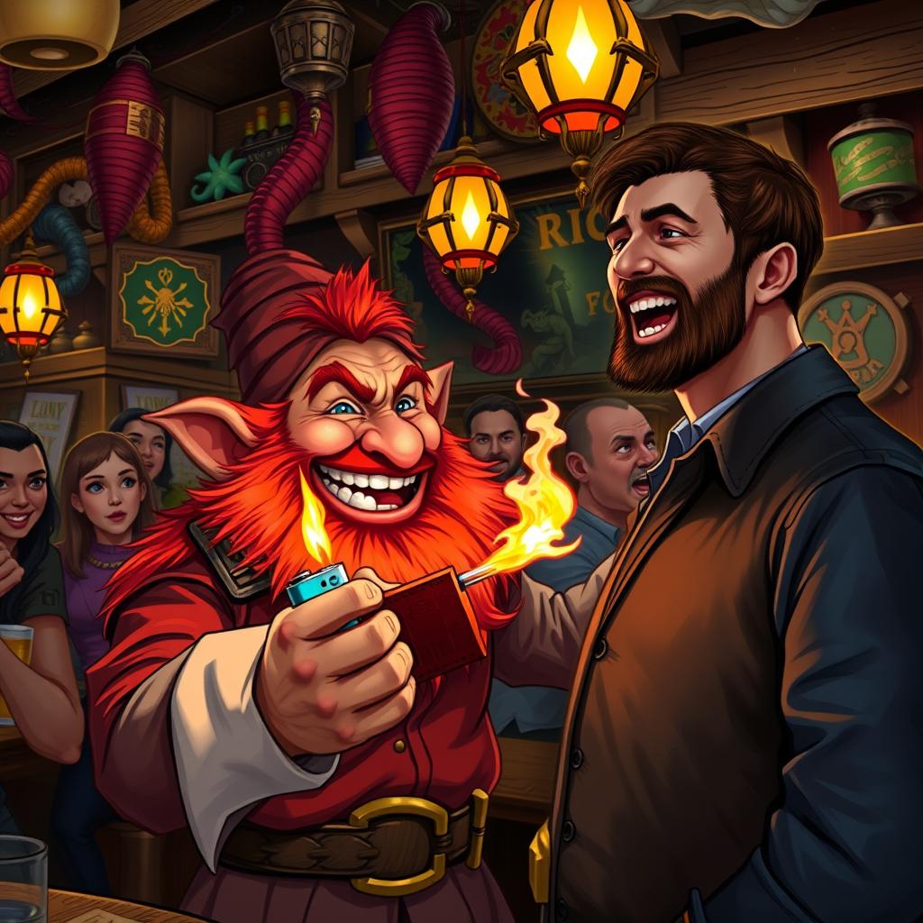 In an exciting and colorful pub set in a fantastical Dungeons & Dragons world, a ruddy tan, red-haired male rock gnome with radiant sapphire-blue eyes and a bushy red beard is laughing heartily