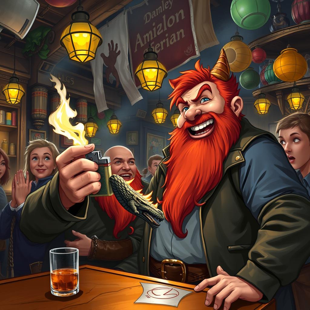 In an exciting and colorful pub set in a fantastical Dungeons & Dragons world, a ruddy tan, red-haired male rock gnome with radiant sapphire-blue eyes and a bushy red beard is laughing heartily