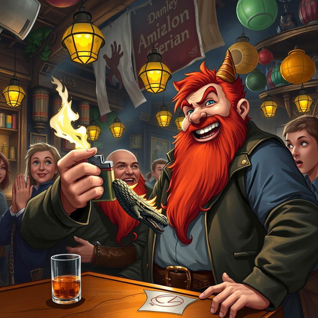 In an exciting and colorful pub set in a fantastical Dungeons & Dragons world, a ruddy tan, red-haired male rock gnome with radiant sapphire-blue eyes and a bushy red beard is laughing heartily