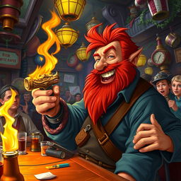 In an exciting and colorful pub set in a fantastical Dungeons & Dragons world, a ruddy tan, red-haired male rock gnome with radiant sapphire-blue eyes and a bushy red beard is laughing heartily