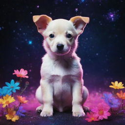 A neon puppy, vivid in brilliant colors, amid a constellation of cosmic flowers. It's surrounded by an aura of white sparkles, all set in a cool, captivating glitch-style aesthetic.