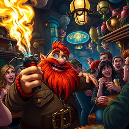 In an exciting and colorful pub set in a fantastical Dungeons & Dragons world, a ruddy tan, red-haired male rock gnome with radiant sapphire-blue eyes and a bushy red beard is laughing heartily