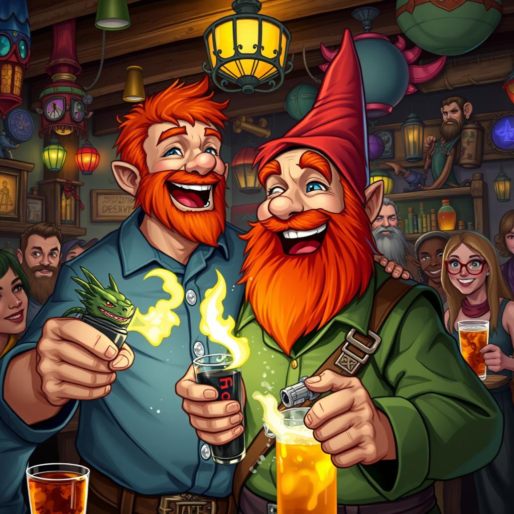 In a bustling and colorful pub set in a fantastical Dungeons & Dragons world, a ruddy tan, red-haired male rock gnome with bright sapphire-blue eyes and a playful red beard is laughing heartily