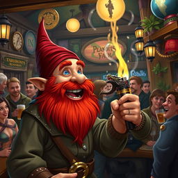 In a bustling and colorful pub set in a fantastical Dungeons & Dragons world, a ruddy tan, red-haired male rock gnome with bright sapphire-blue eyes and a playful red beard is laughing heartily