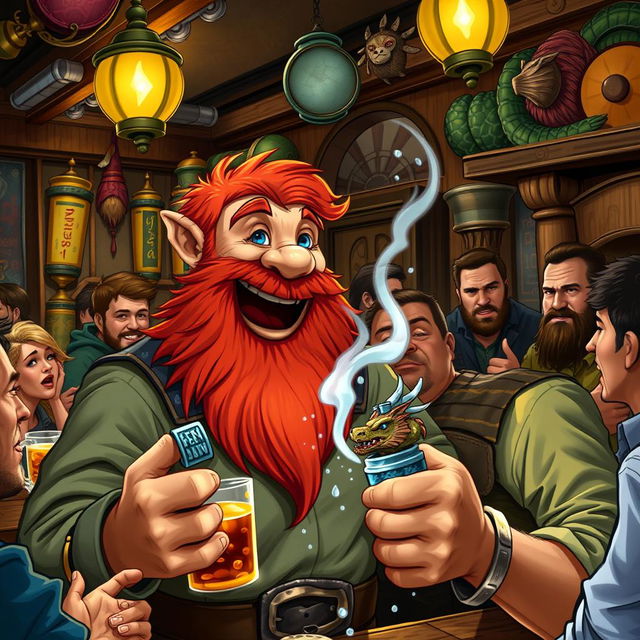 In a bustling and colorful pub set in a fantastical Dungeons & Dragons world, a ruddy tan, red-haired male rock gnome with bright sapphire-blue eyes and a playful red beard is laughing heartily