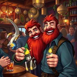 In a bustling and colorful pub set in a fantastical Dungeons & Dragons world, a ruddy tan, red-haired male rock gnome with bright sapphire-blue eyes and a playful red beard is laughing heartily