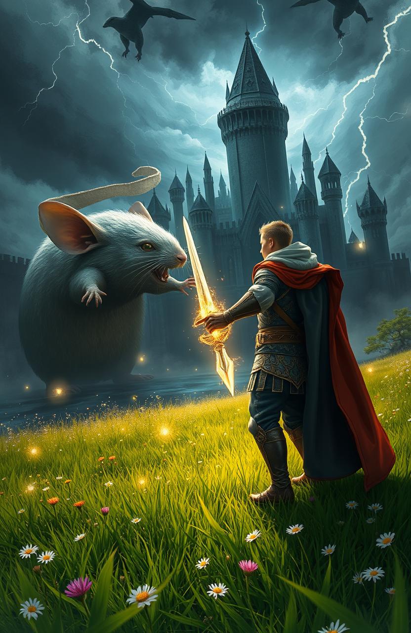 An epic scene depicting a young boy courageously standing beside a mighty king, both facing off against a giant rat in an intense battle against a looming enemy