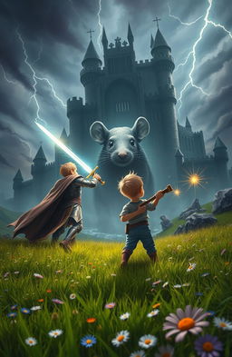 An epic scene depicting a young boy courageously standing beside a mighty king, both facing off against a giant rat in an intense battle against a looming enemy