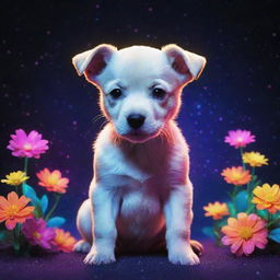 A neon puppy, vivid in brilliant colors, amid a constellation of cosmic flowers. It's surrounded by an aura of white sparkles, all set in a cool, captivating glitch-style aesthetic.