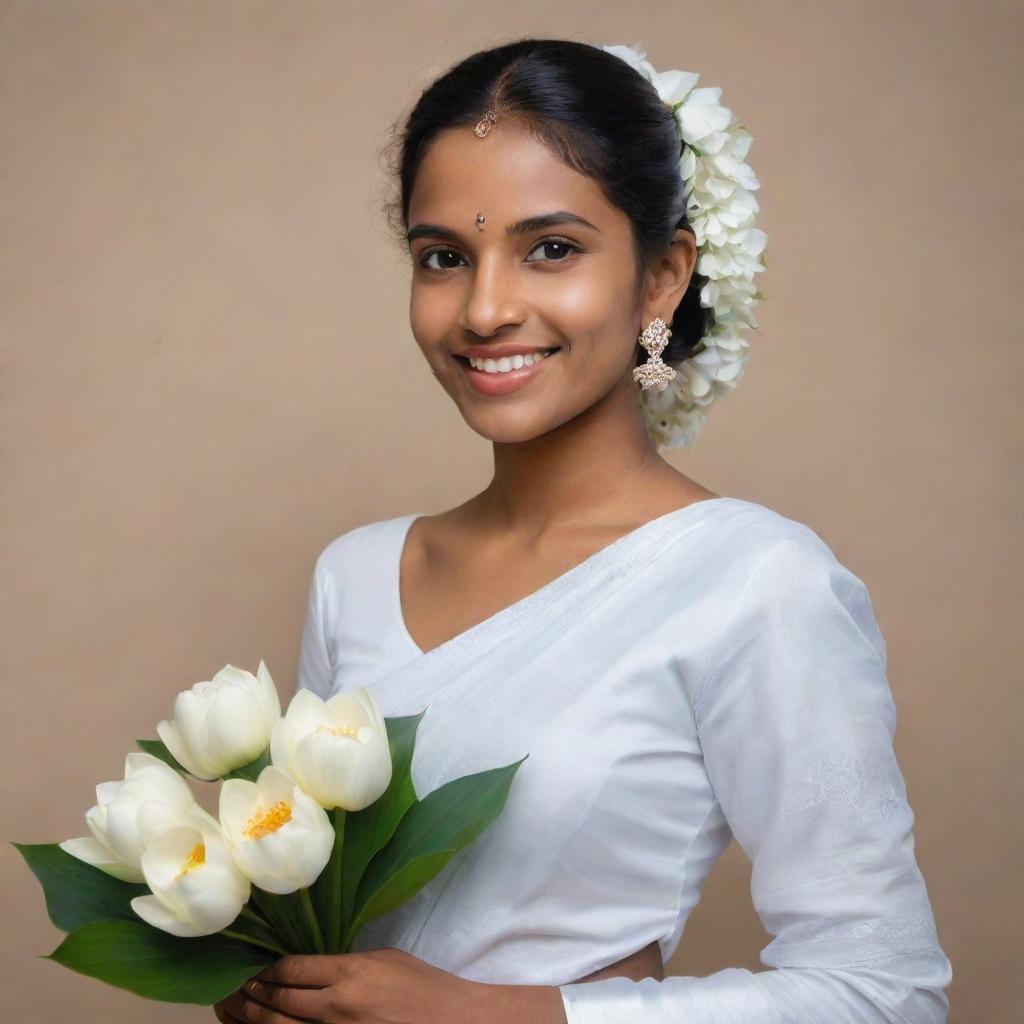 A realistic image of a traditional Sri Lankan bride in a white saree, with a slim body. She holds a bouquet of white lotus flowers in her hands and has a warm smile on her face.
