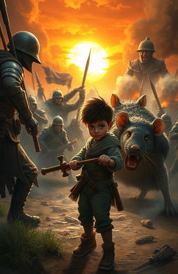 A fantastical scene showcasing an epic battle where a young boy stands bravely in the forefront, wielding a makeshift weapon, facing off against a menacing enemy soldier