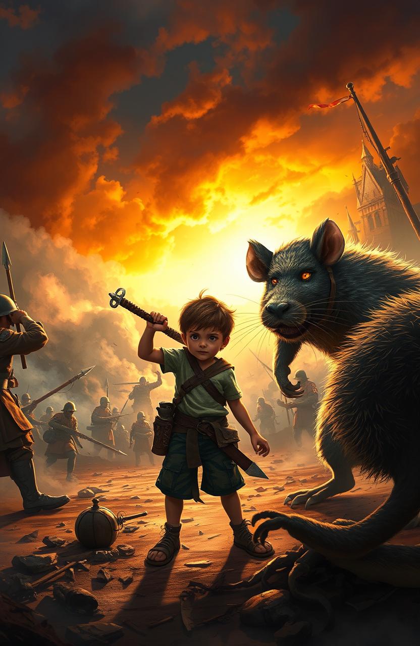 A fantastical scene showcasing an epic battle where a young boy stands bravely in the forefront, wielding a makeshift weapon, facing off against a menacing enemy soldier