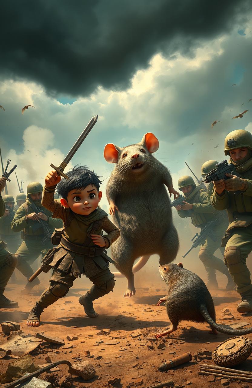 A vivid and action-packed scene featuring a boy facing off against a rat in a dynamic battle against soldiers who are their enemies