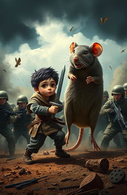 A vivid and action-packed scene featuring a boy facing off against a rat in a dynamic battle against soldiers who are their enemies