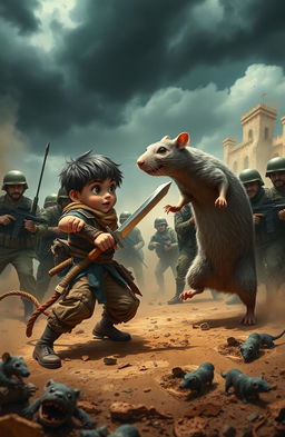 A vivid and action-packed scene featuring a boy facing off against a rat in a dynamic battle against soldiers who are their enemies