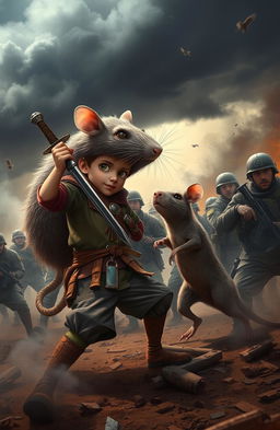 A vivid and action-packed scene featuring a boy facing off against a rat in a dynamic battle against soldiers who are their enemies