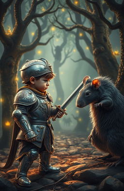 A dramatic scene of a young boy in ornate King's armor facing off against a fierce rat, both poised for battle in a fantastical setting