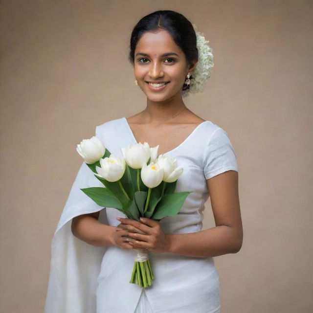 A realistic image of a traditional Sri Lankan bride in a white saree, with a slim body. She holds a bouquet of white lotus flowers in her hands and has a warm smile on her face.