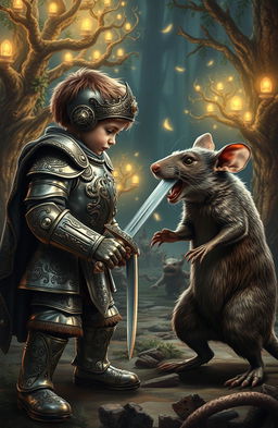 A dramatic scene of a young boy in ornate King's armor facing off against a fierce rat, both poised for battle in a fantastical setting