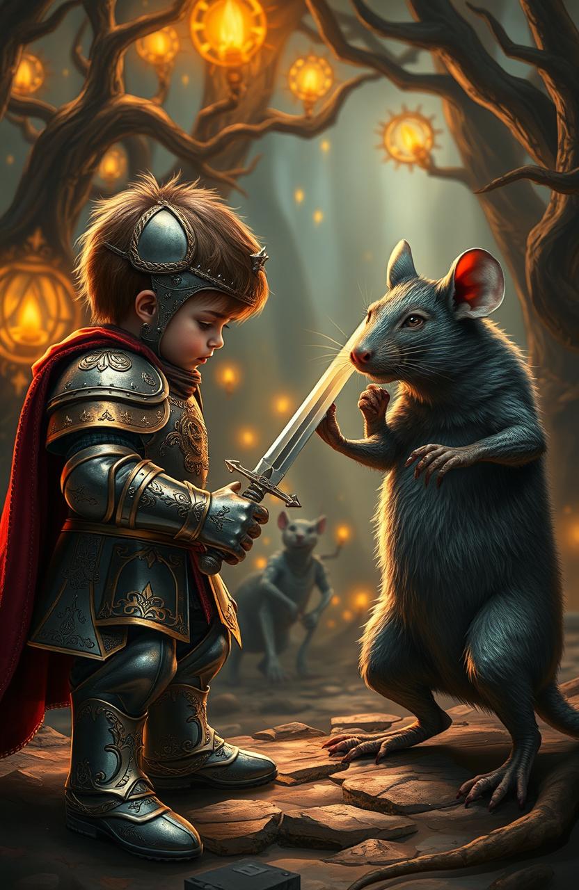 A dramatic scene of a young boy in ornate King's armor facing off against a fierce rat, both poised for battle in a fantastical setting