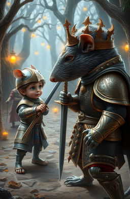 A dramatic scene of a young boy in ornate King's armor facing off against a fierce rat, both poised for battle in a fantastical setting