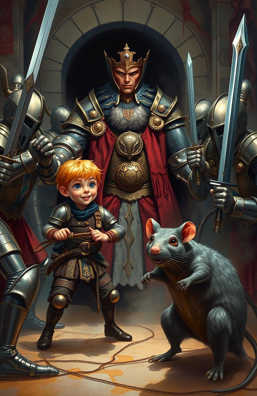 A dramatic scene depicting a young boy courageously battling a menacing king alongside a fierce-looking rat