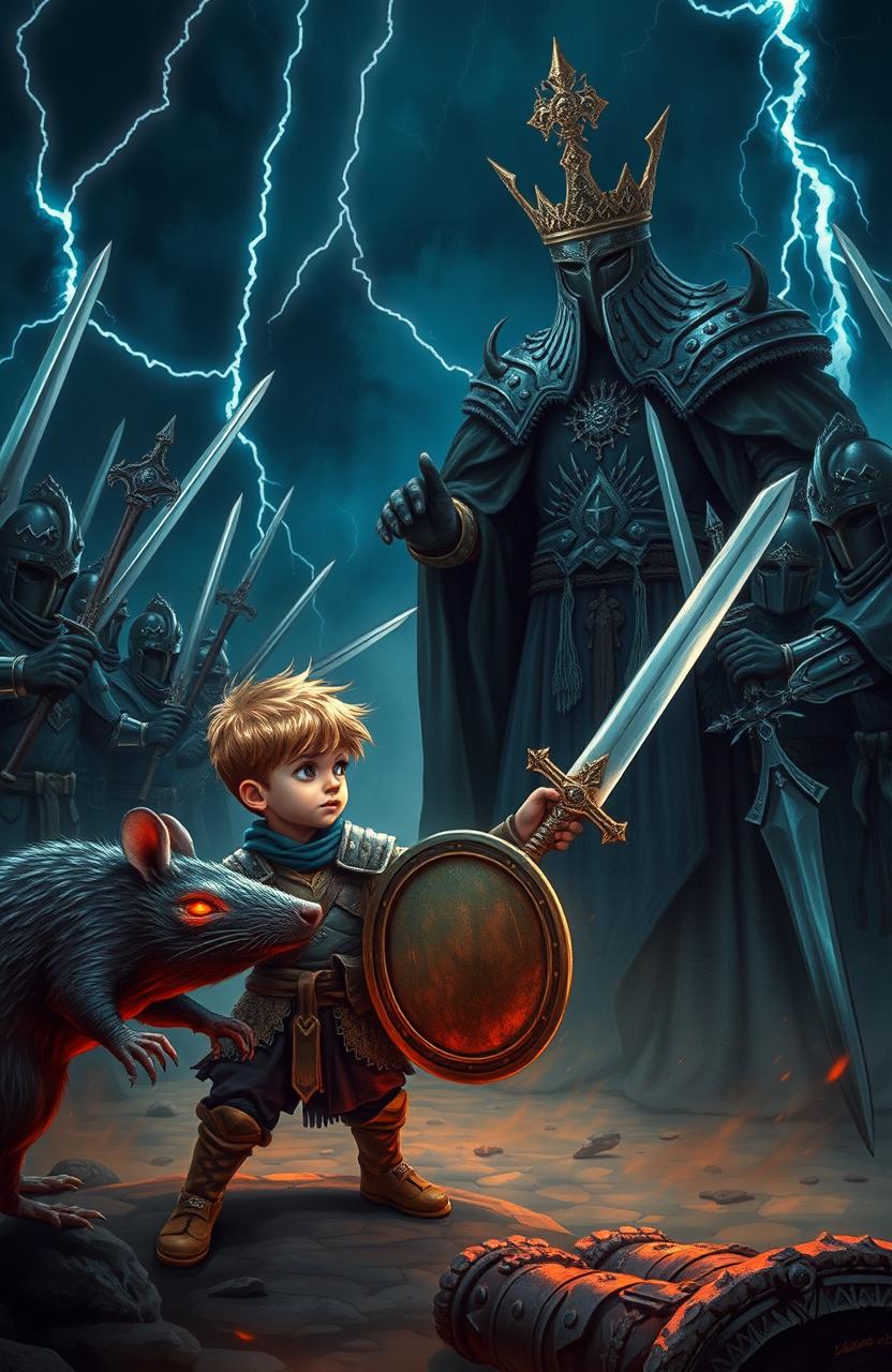 A dramatic scene where a courageous boy stands defiantly in battle against a majestic king and his regal soldiers