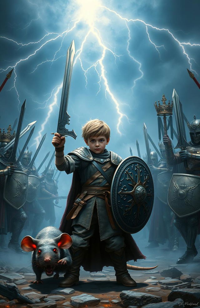 A dramatic scene where a courageous boy stands defiantly in battle against a majestic king and his regal soldiers