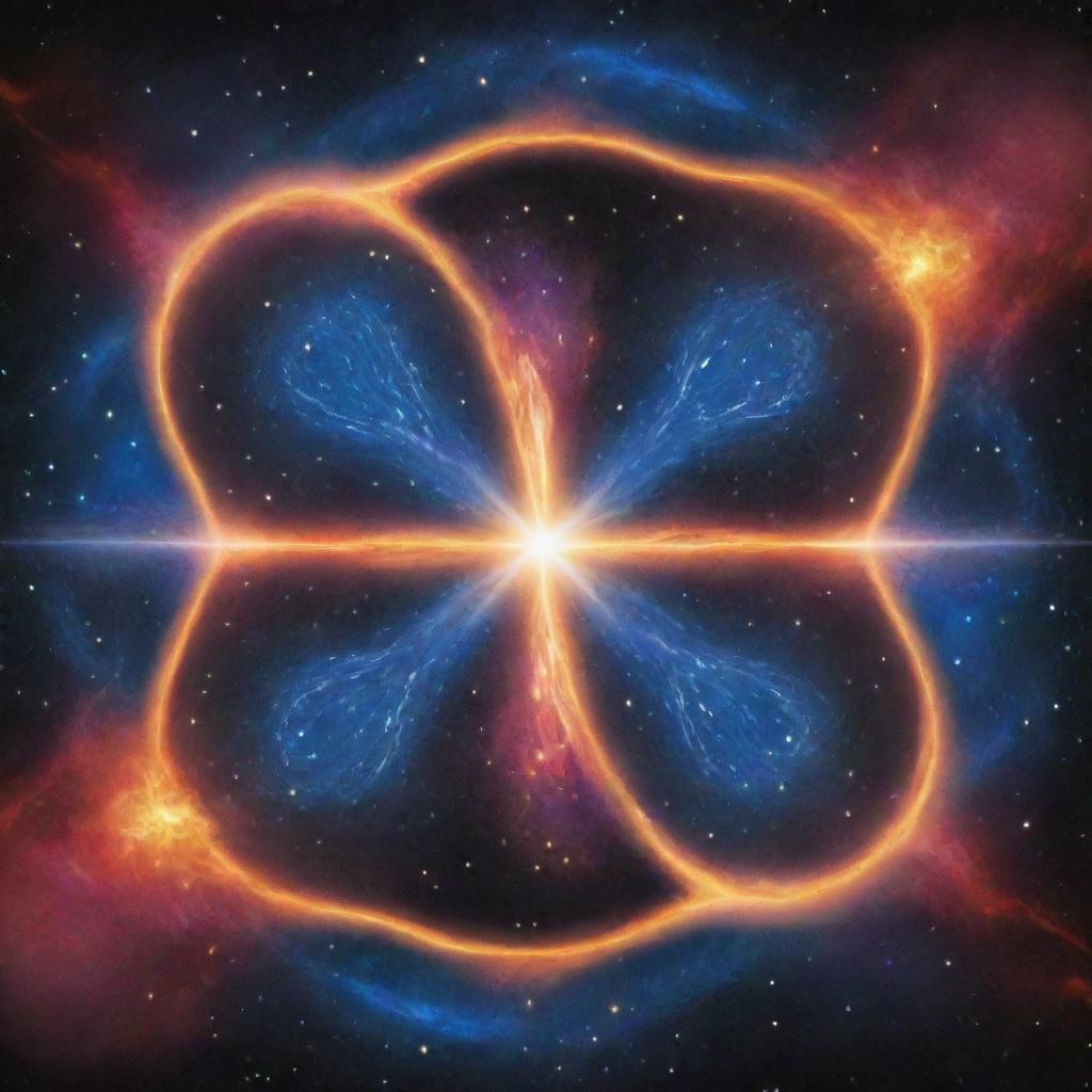 Create an imagery for 'Cosmic Split' card, an 'upcell' type. Visualize cosmic energy dividing a cell into two identical versions, reflecting replication. While radiating power, the card should encapsulate the idea of duplicating a basic cell.