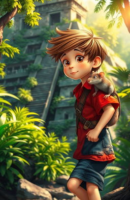 A whimsical adventure scene featuring a young boy with tousled brown hair, wearing a bright red shirt and denim shorts, exploring an ancient pyramid in a lush jungle