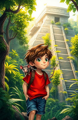 A whimsical adventure scene featuring a young boy with tousled brown hair, wearing a bright red shirt and denim shorts, exploring an ancient pyramid in a lush jungle