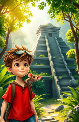 A whimsical adventure scene featuring a young boy with tousled brown hair, wearing a bright red shirt and denim shorts, exploring an ancient pyramid in a lush jungle